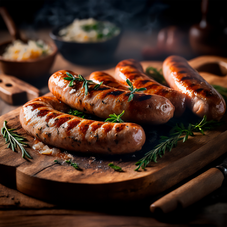 Ψητά λουκάνικα με δεντρολίβανο σε ξύλινη επιφάνεια κοπής, με συνοδευτικά στο βάθος.