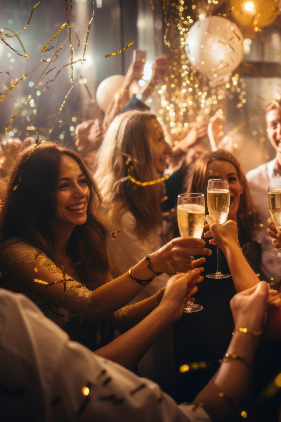 Άτομα που τσουγκρίζουν ποτήρια με σαμπάνια σε ένα πάρτι με χρυσά κομφετί.