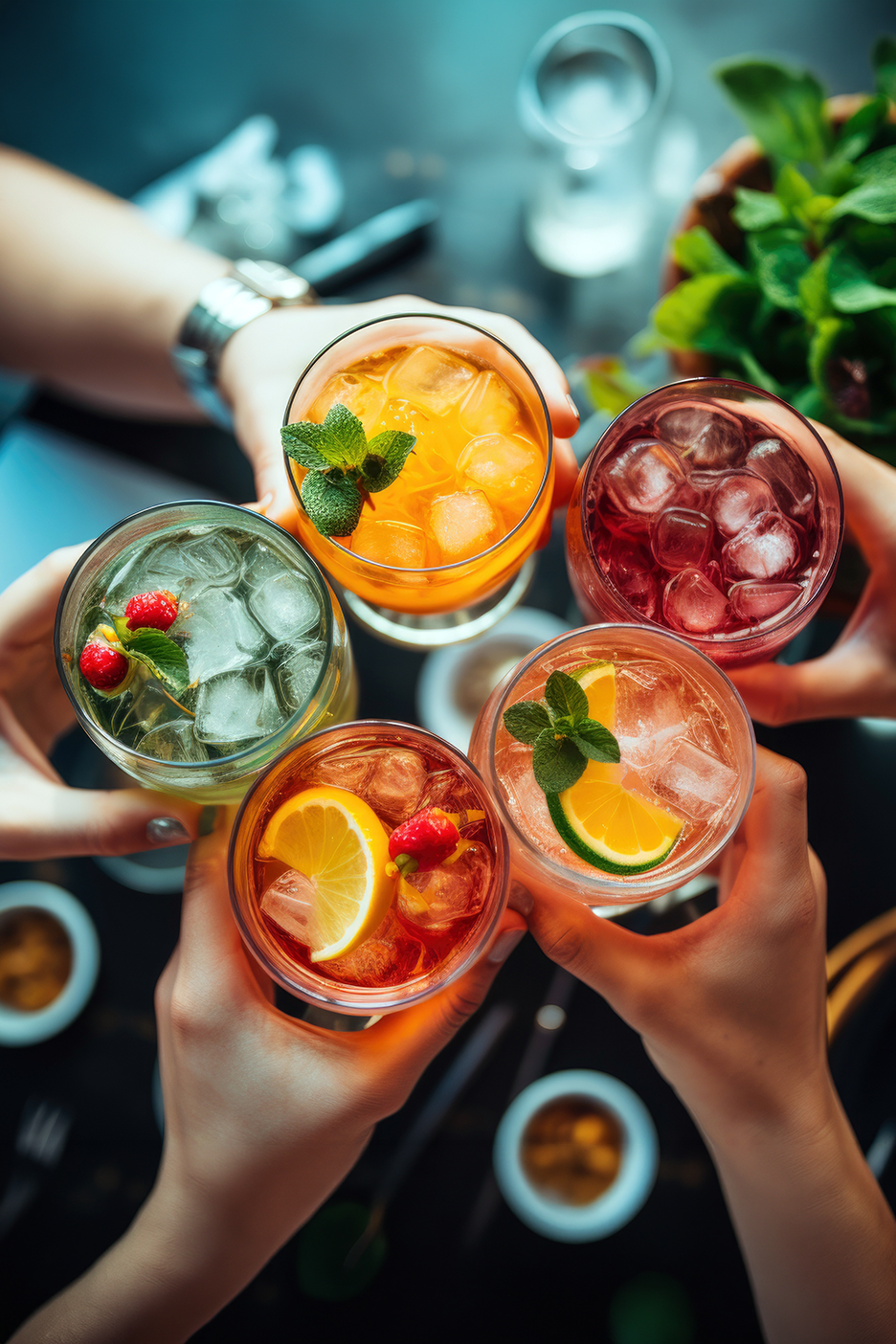 Πέντε χέρια κρατούν πολύχρωμα κοκτέιλ με πάγο και φρούτα, κάνοντας πρόποση.