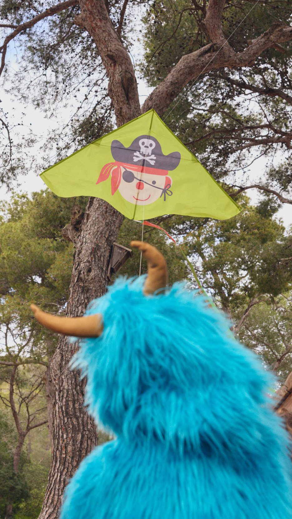 Παιδικός χαρταετός με πειρατή και μπλε χνουδωτό κοστούμι τέρατος σε δάσος.