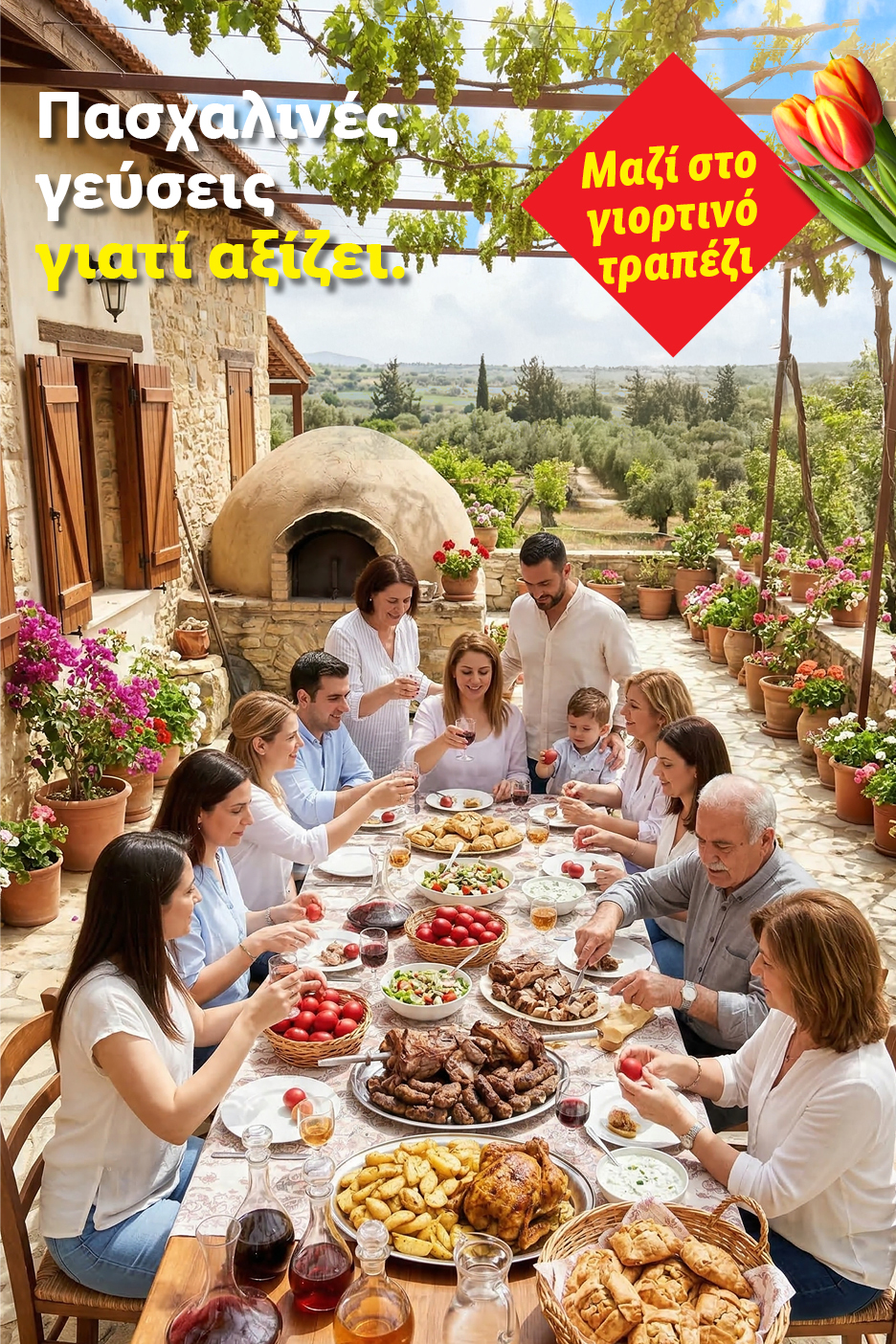 Πασχαλινές γεύσεις: Οικογένεια γευματίζει σε εξωτερικό χώρο με ψητό κοτόπουλο, κρέας, πατάτες, σαλάτες και κόκκινα αυγά.